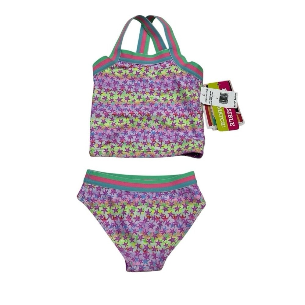 Andy & Evan Two Piece Swimsuit Reversible Bikini Purple Starfish UPF 50 Girls 2T